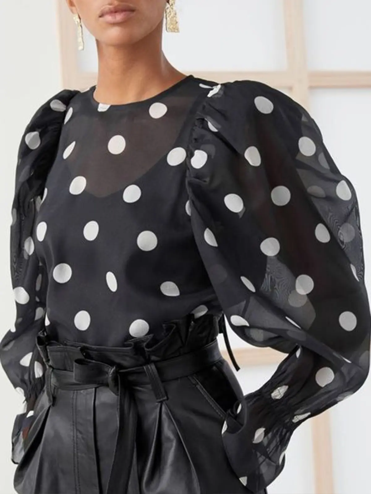 Women's Elegant Lantern Sleeve Shirt Chiffon Transparent Long Sleeve Sweet Lace-up Neck Polk Dot Casual Fashion Autumn Shirts
