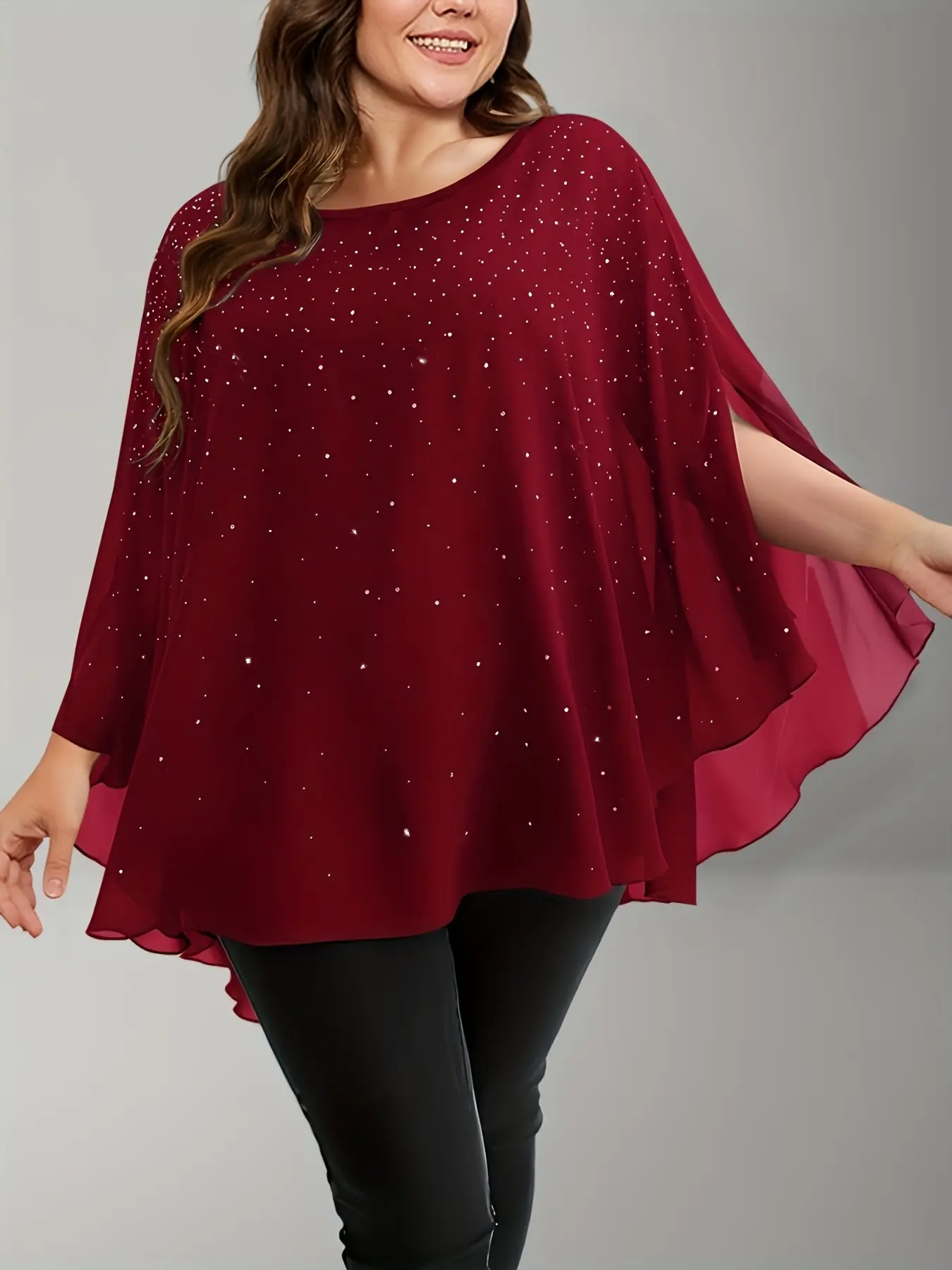 Plus size Elegant Chiffon Crewneck Sequined Slit Sleeve Tops Office Lady Casual Vintage Summer T shirts for Women 2025 Tee Tops
