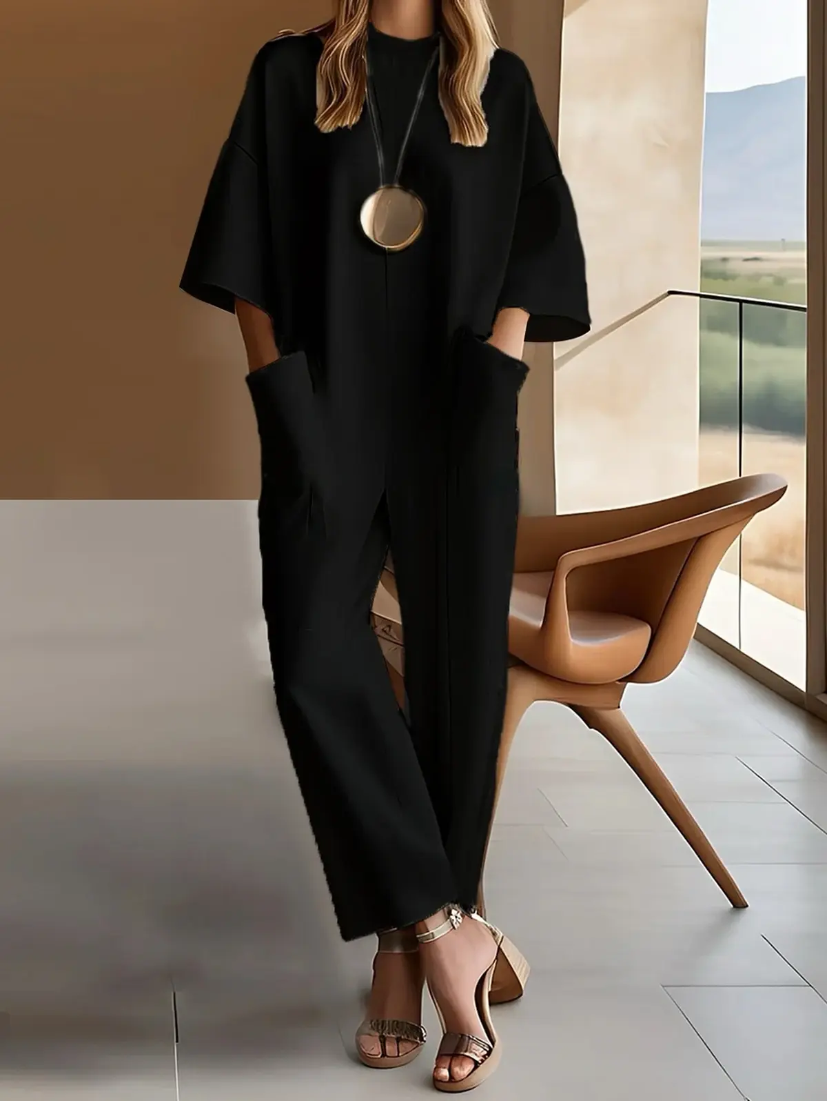 Women Loose Jumpsuit Pockets Round Neck Straight Pant Minimalist White Streetwear Office Lady Rompers One Piece Sets