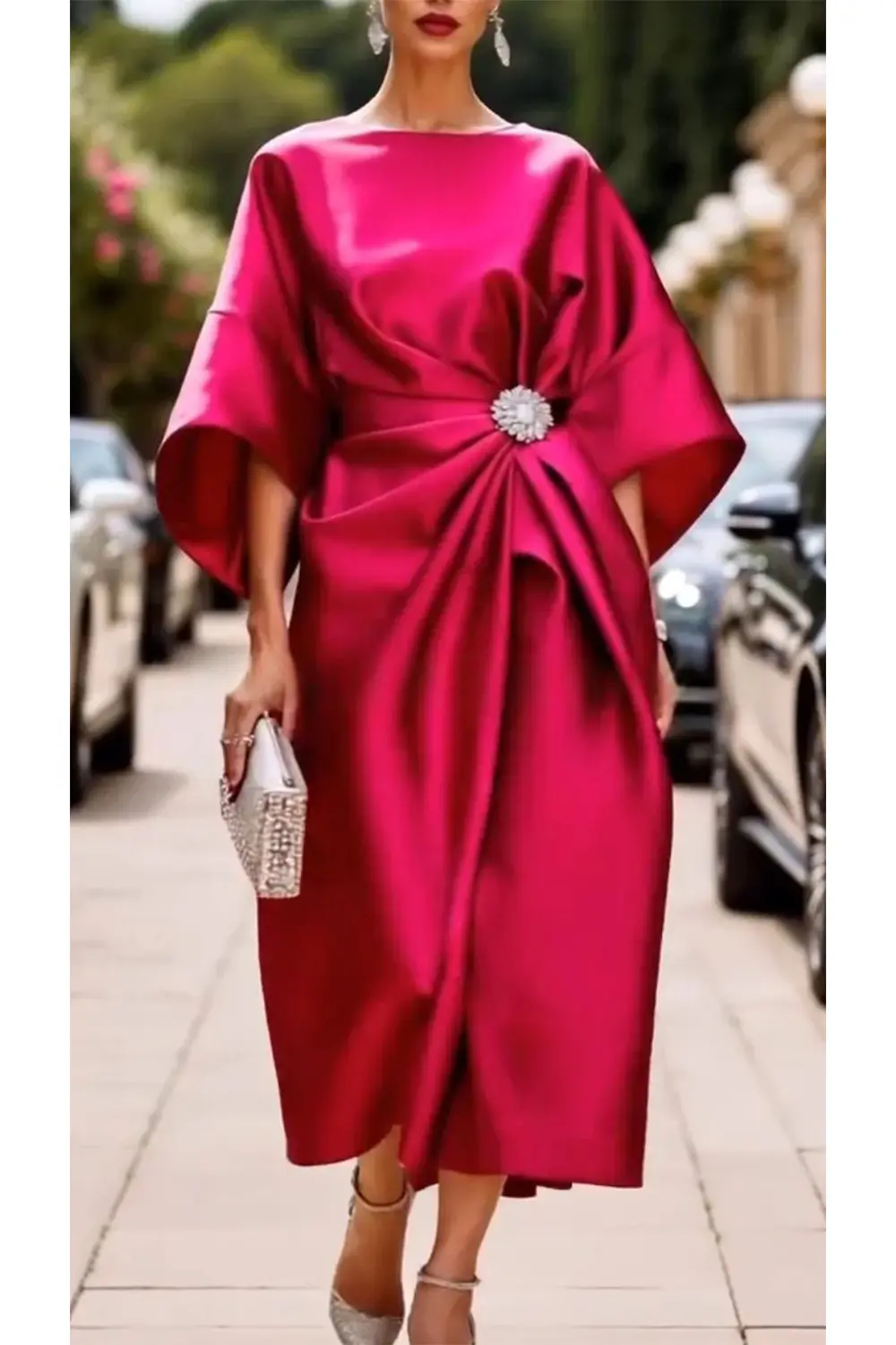 Women Elegant Wedding Guest Dress Champagne Elegant Round Neck Flare 3/4 Sleeve Sequin Knot Cocktail Party Satin Midi Dresses