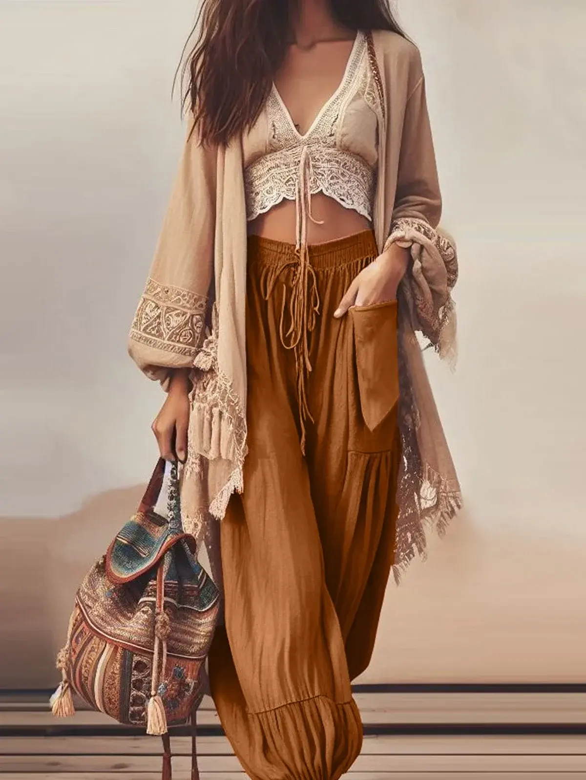 Women Ethnic Casual Pants Elastic Waist Pockets Solid Vintage Bloomers Trousers Loose Karajuku Fashion Retro Pants 2025