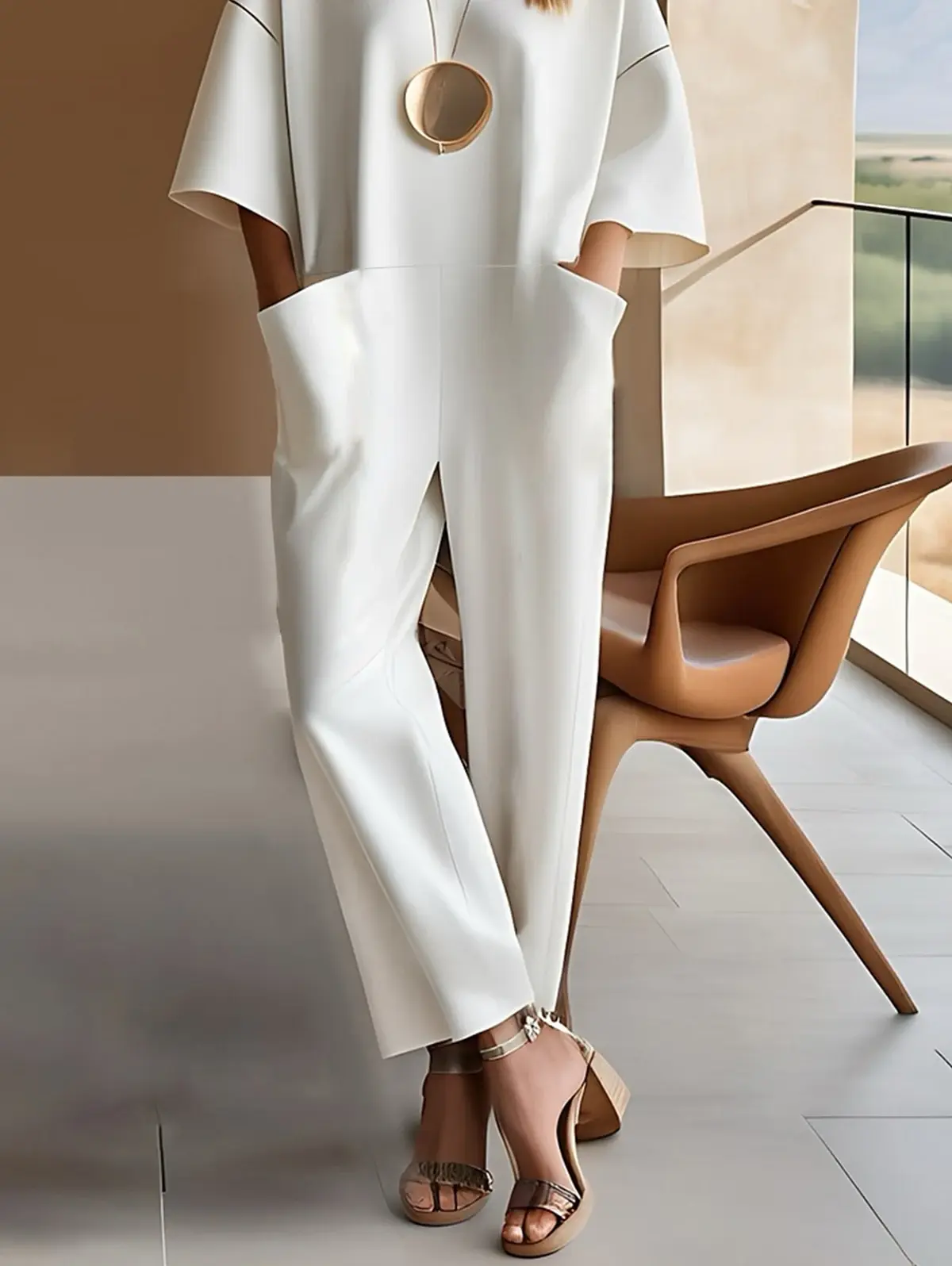 Women Loose Jumpsuit Pockets Round Neck Straight Pant Minimalist White Streetwear Office Lady Rompers One Piece Sets