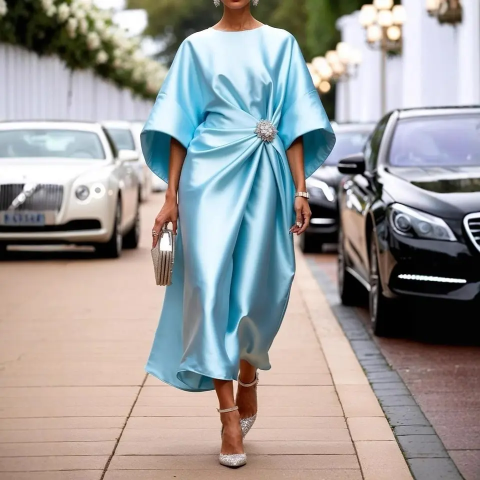 Women Elegant Wedding Guest Dress Champagne Elegant Round Neck Flare 3/4 Sleeve Sequin Knot Cocktail Party Satin Midi Dresses