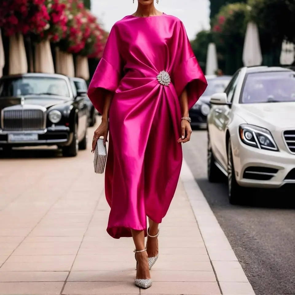 Women Elegant Wedding Guest Dress Champagne Elegant Round Neck Flare 3/4 Sleeve Sequin Knot Cocktail Party Satin Midi Dresses