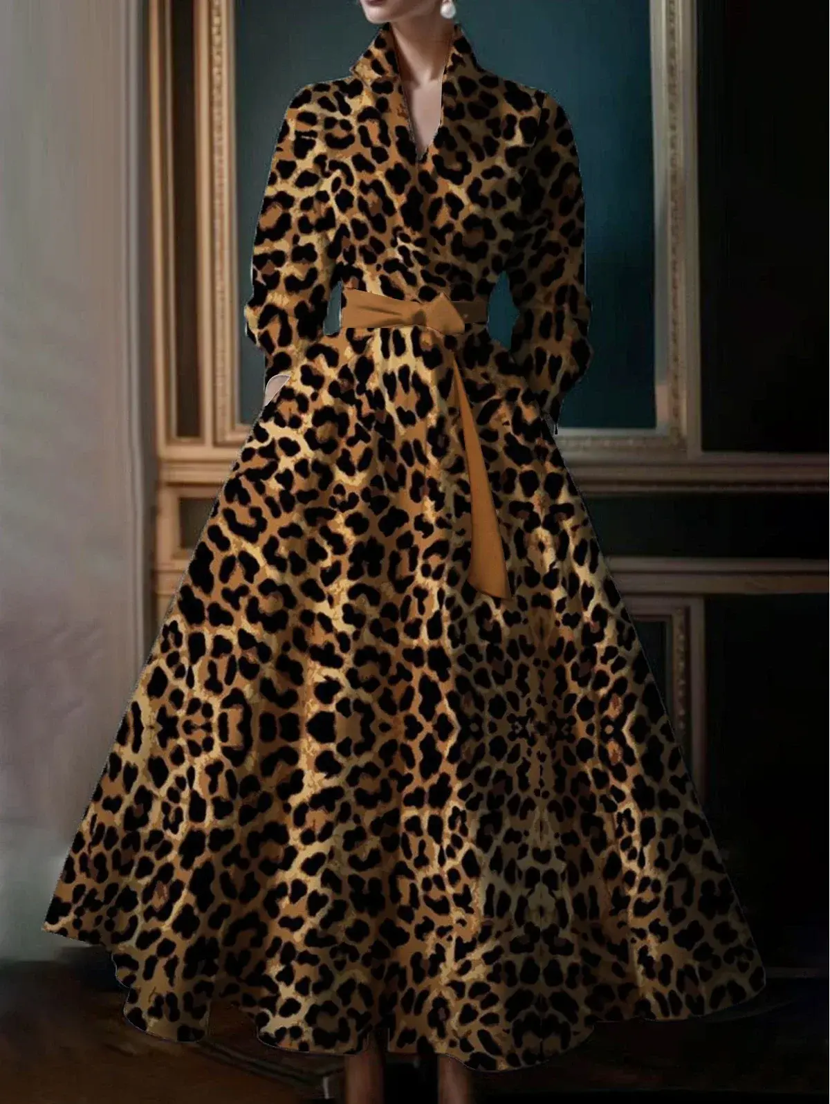 Elegant Leopard Dress for Women Pleated A-Line Dress with Belt Turn Down Collar Evening Casual Long Sleeve Vintage Maxi Dress