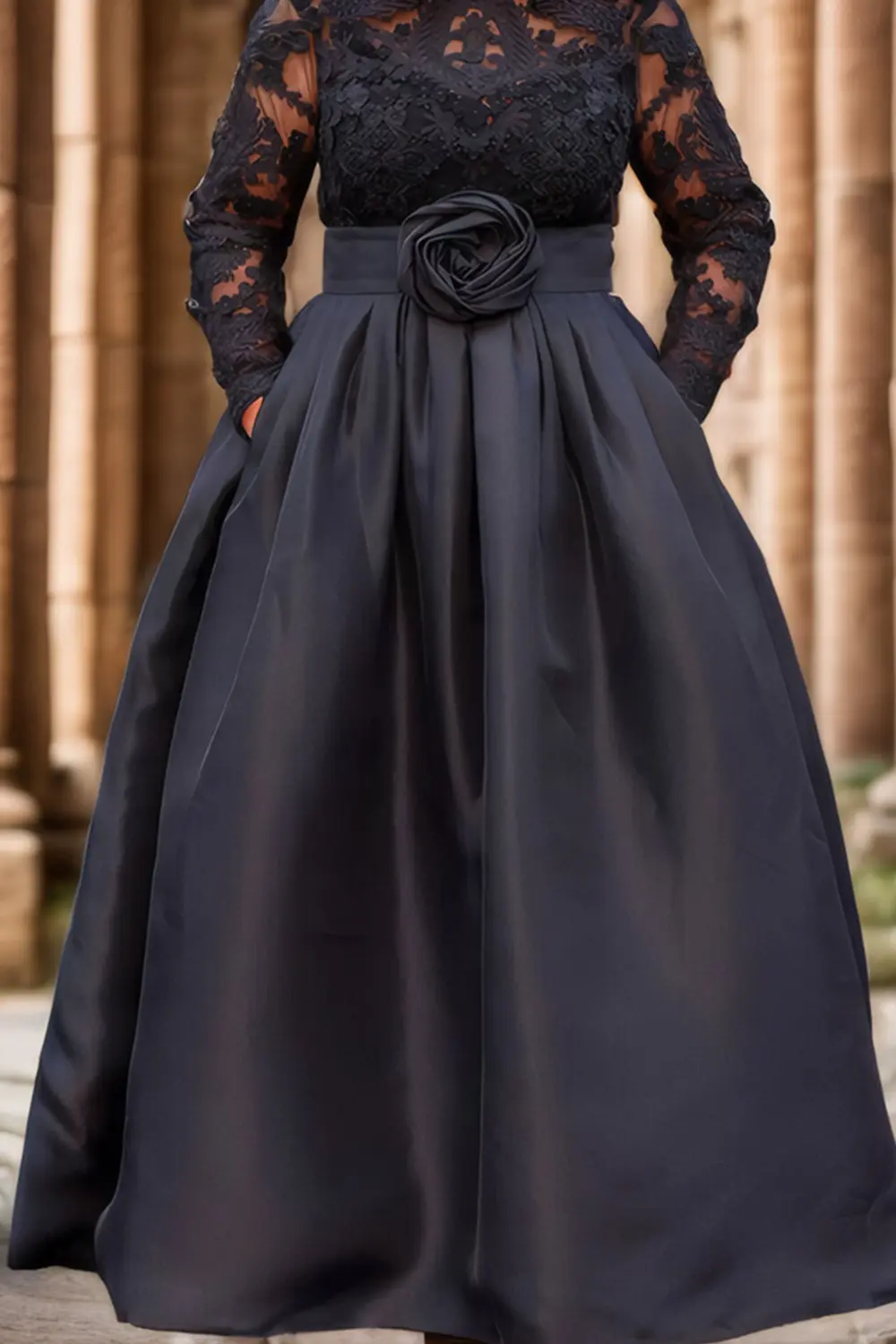Women Plus Size Evening Long Dress Lace Patchwork Pleates A-Line 3D Floral Elegant Party Club Cocktail Wedding Guest Dresses