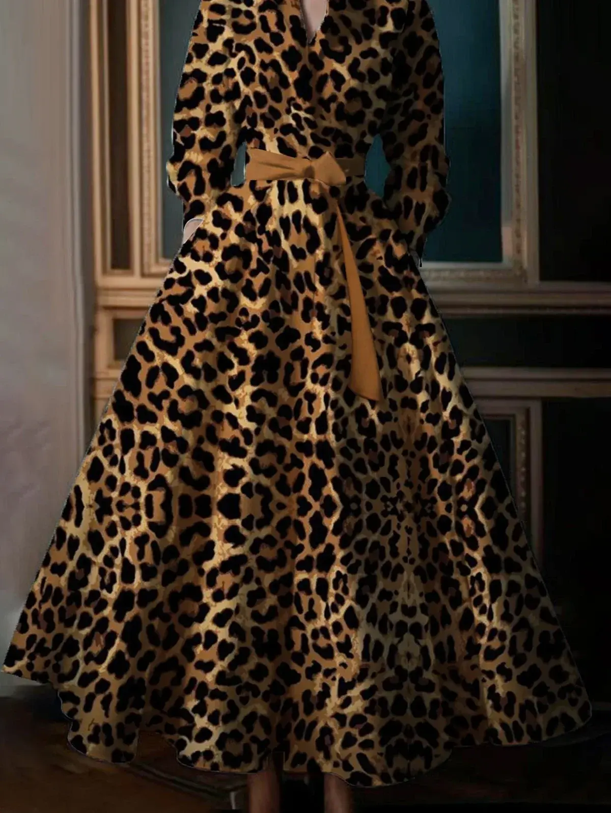 Elegant Leopard Dress for Women Pleated A-Line Dress with Belt Turn Down Collar Evening Casual Long Sleeve Vintage Maxi Dress