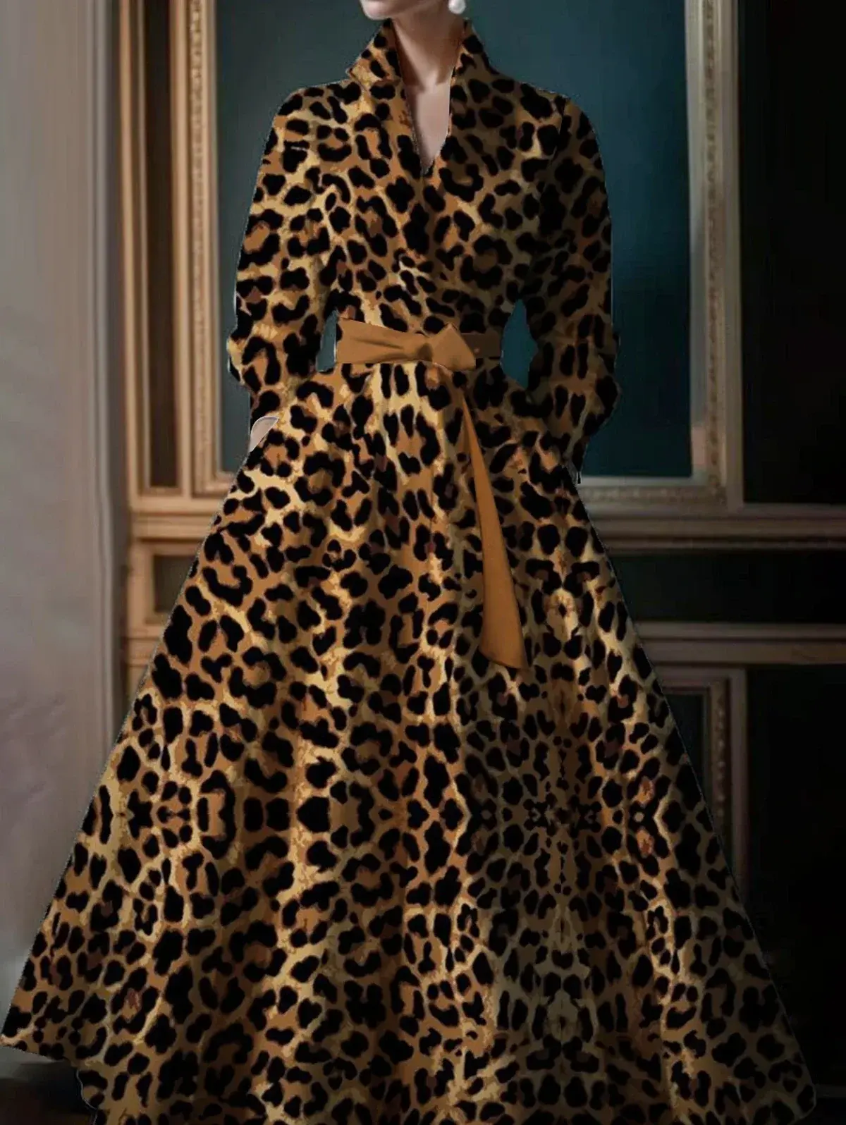 Elegant Leopard Dress for Women Pleated A-Line Dress with Belt Turn Down Collar Evening Casual Long Sleeve Vintage Maxi Dress