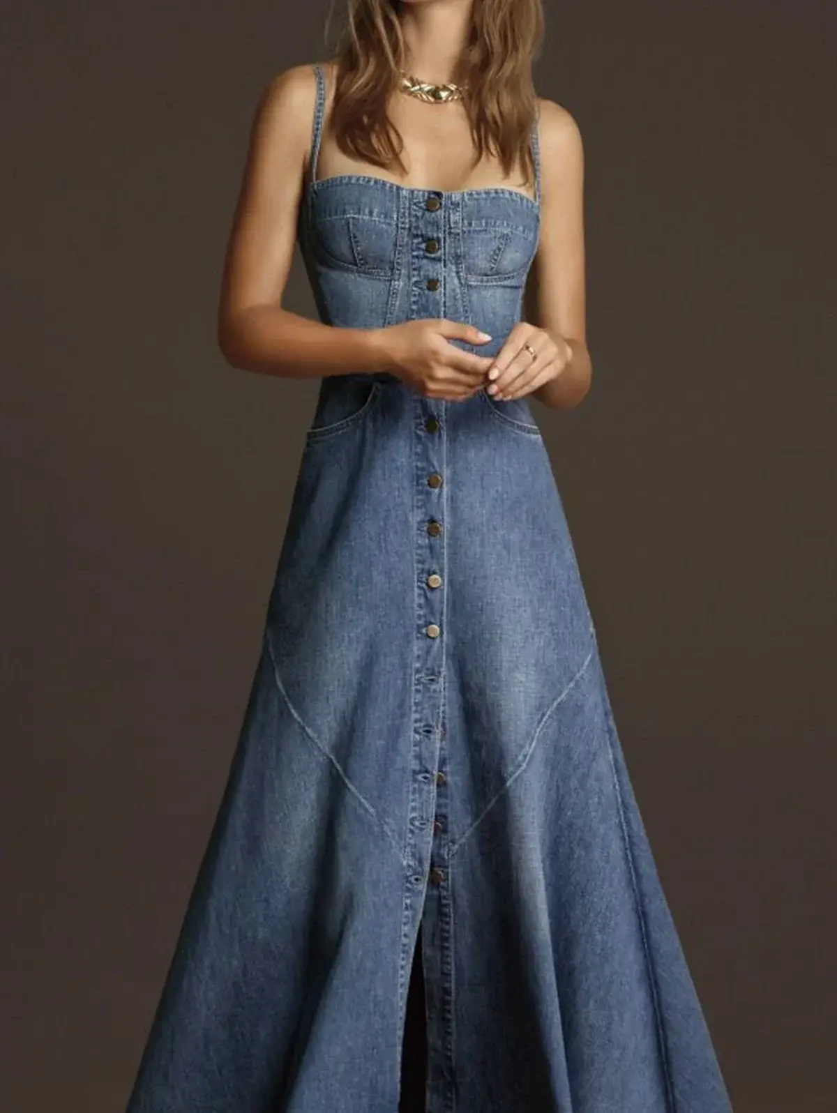 Women Denim Party Spaghetti Strap Dress Single Breasted Button Elegant Casual A-Line Split Hem Vintage Denim Summer Long Dress