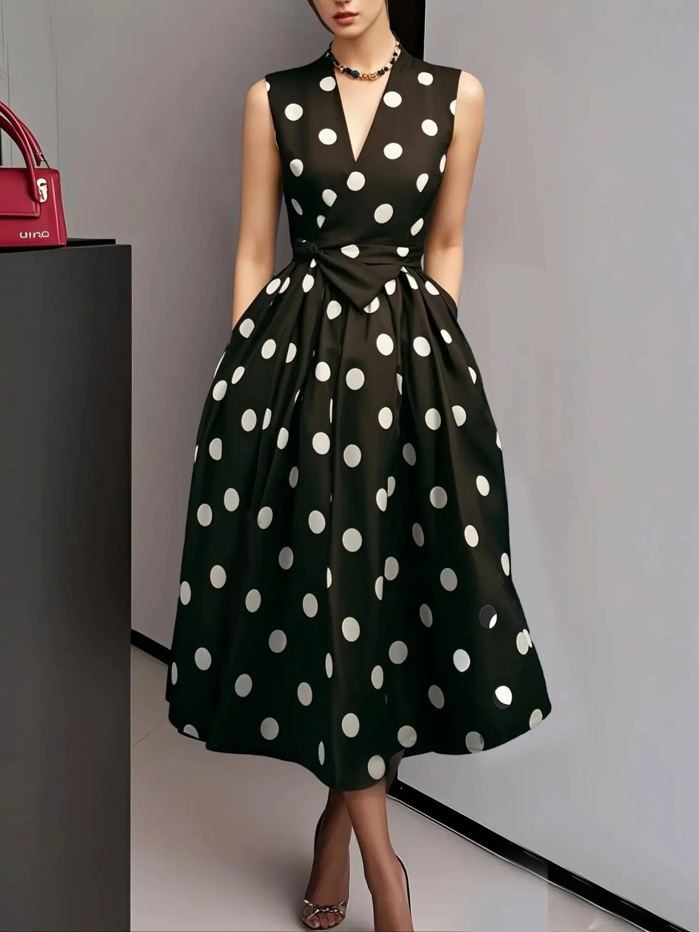 French Polka Dot Dress 2025 Summer Retro New Style Elegant Waist-cinching Dress for Women Sleeveless V-Neck Lace-up Dress