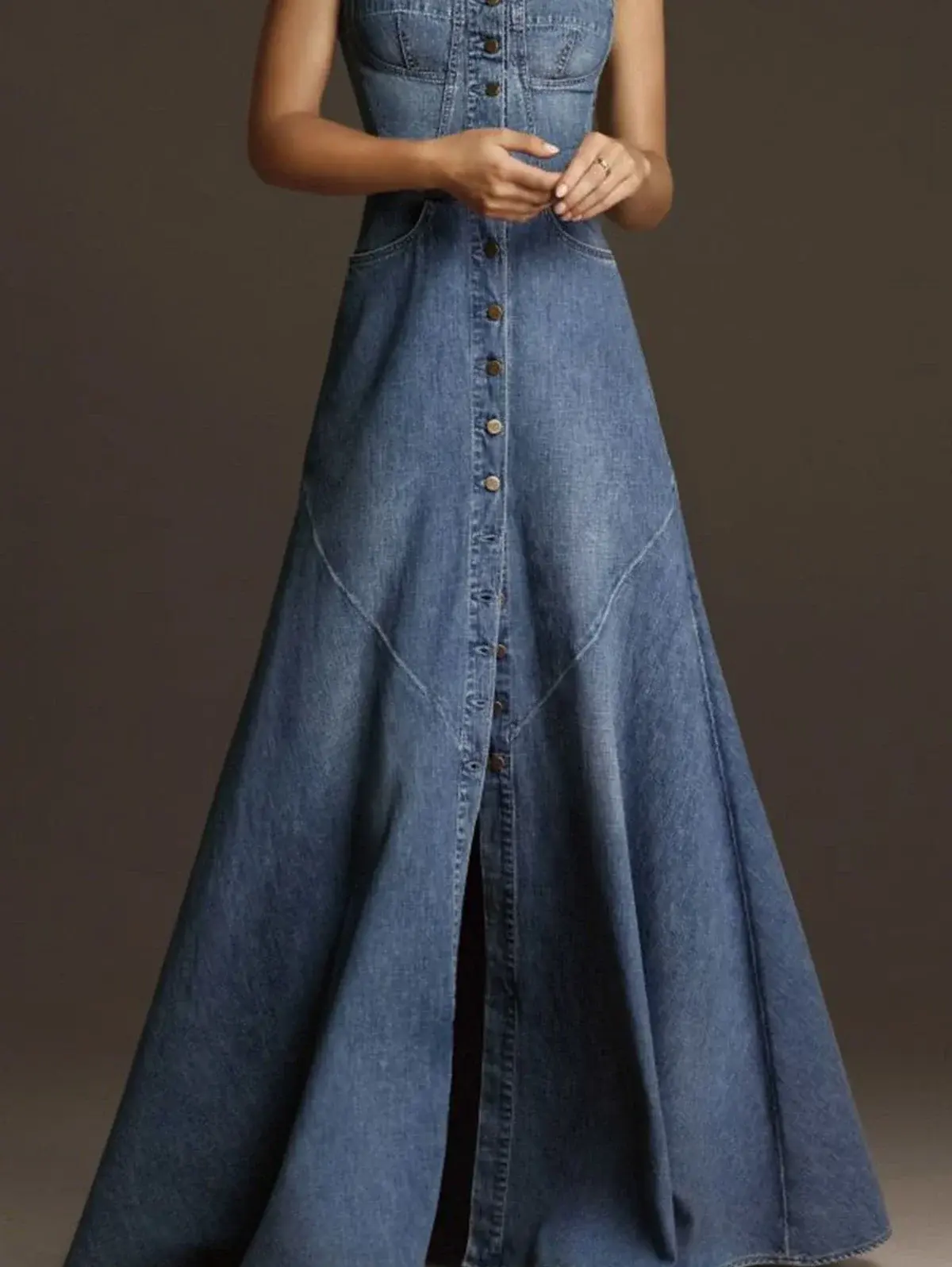 Women Denim Party Spaghetti Strap Dress Single Breasted Button Elegant Casual A-Line Split Hem Vintage Denim Summer Long Dress
