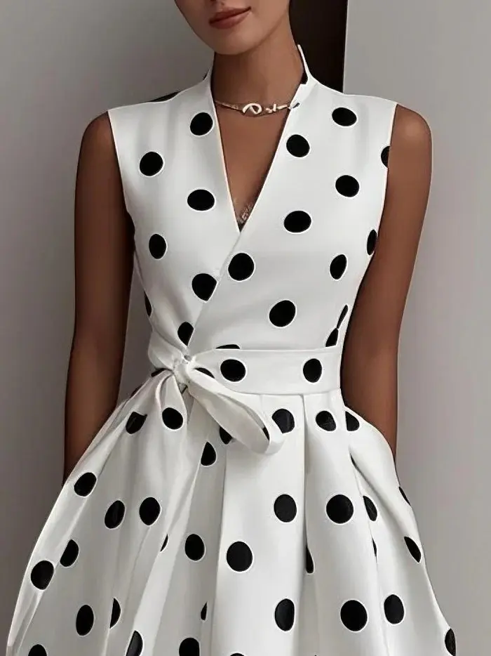 French Polka Dot Dress 2025 Summer Retro New Style Elegant Waist-cinching Dress for Women Sleeveless V-Neck Lace-up Dress