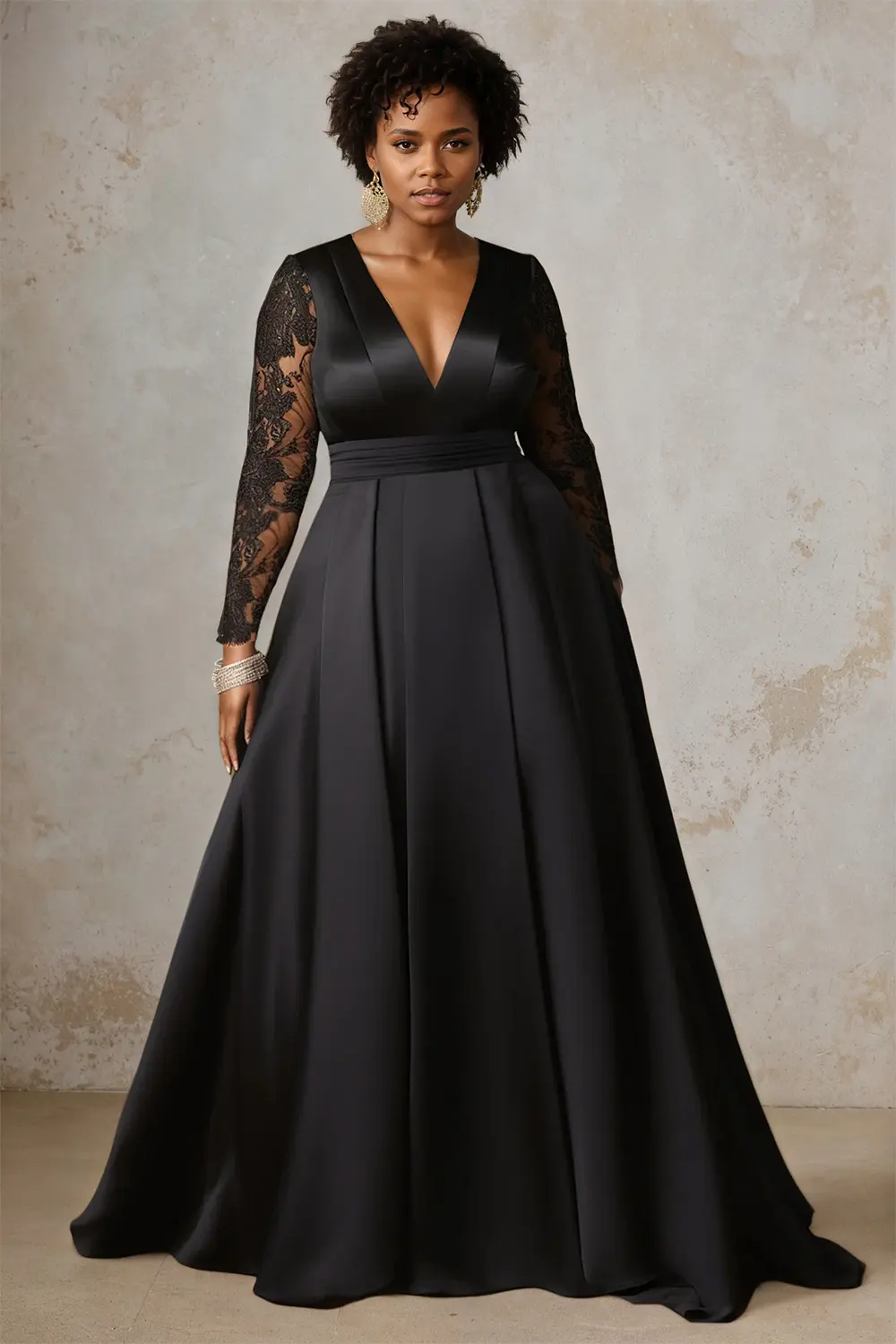 Plus Size Sexy V-Neck Evening Long Dress Satin Lace Patchwork Long Sleeve High Waist Elegant Wedding Guest Cocktail A-line Dress