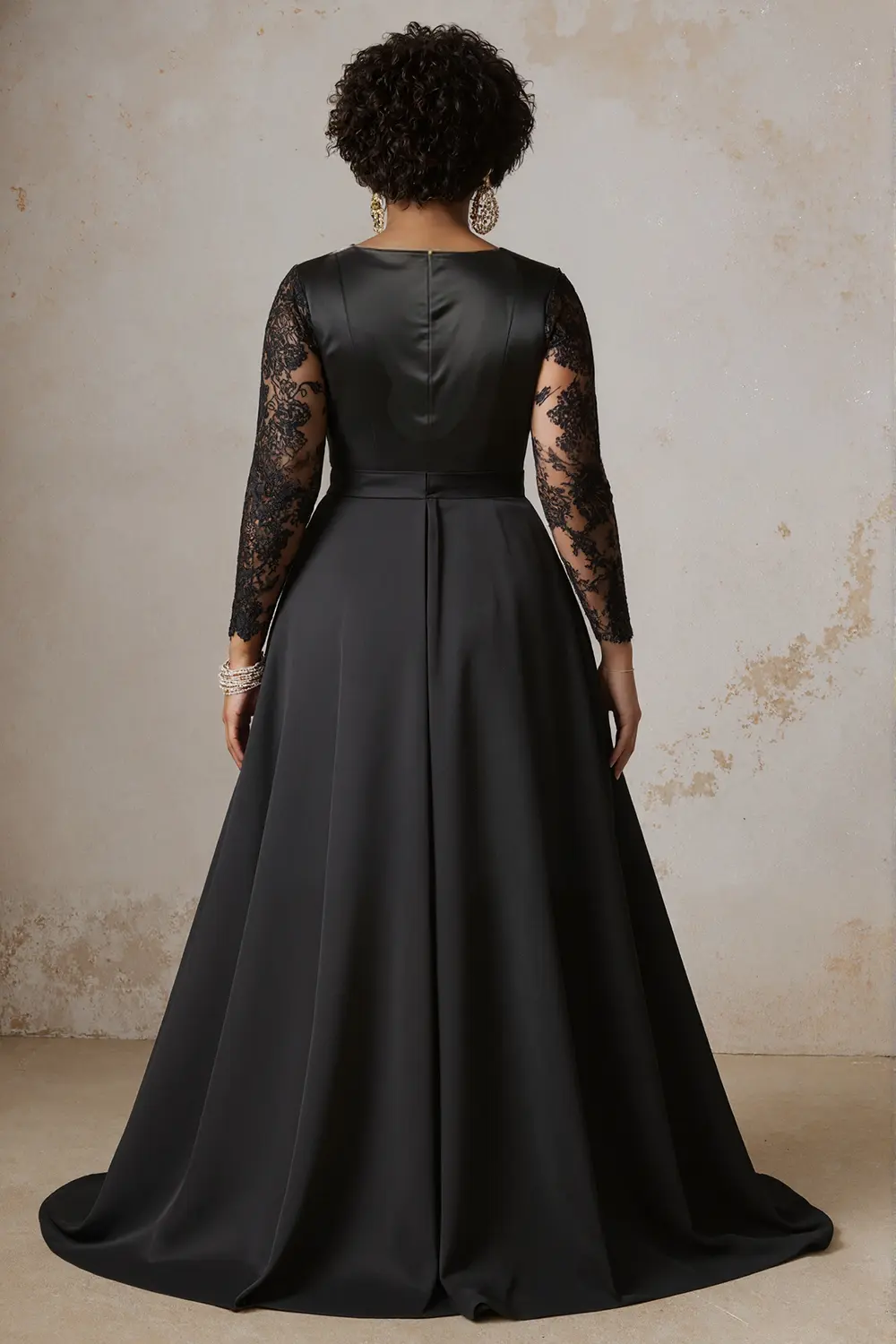 Plus Size Sexy V-Neck Evening Long Dress Satin Lace Patchwork Long Sleeve High Waist Elegant Wedding Guest Cocktail A-line Dress