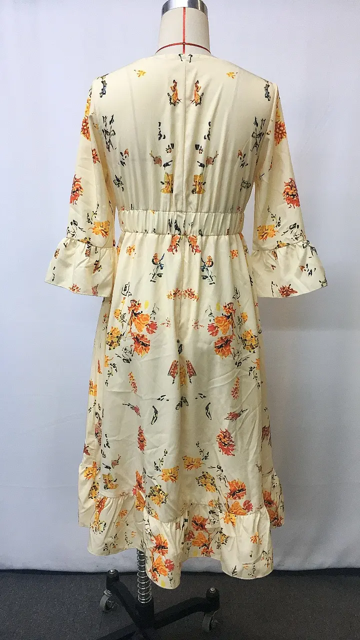 Sexy V-Neck Floral Printed Dress Boho Style Three Quarter Irregular Hem Vintage Casual Long Dress Retro Flare Sleeve Sweet Dress