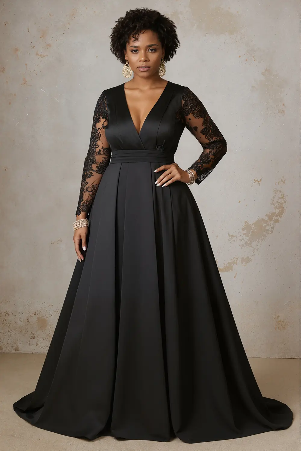 Plus Size Sexy V-Neck Evening Long Dress Satin Lace Patchwork Long Sleeve High Waist Elegant Wedding Guest Cocktail A-line Dress