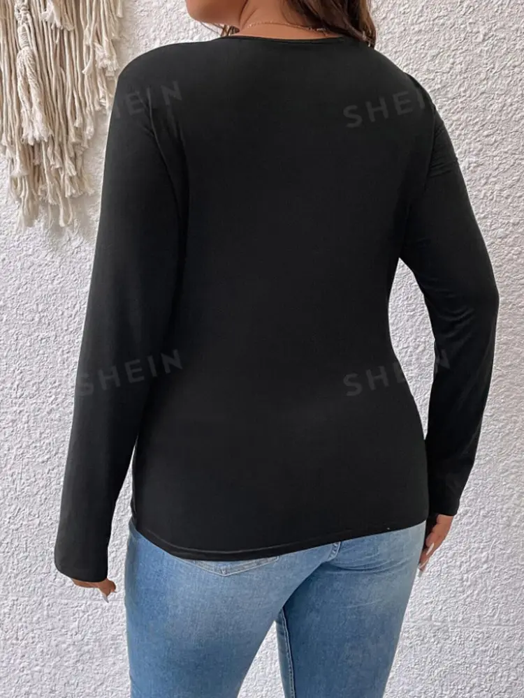 Sexy Plus Size T shirt Long Sleeve Hollow Out Black Solid Slim Elastic Casual Basic Tee Tops for Women Office Lady Vintage Tops