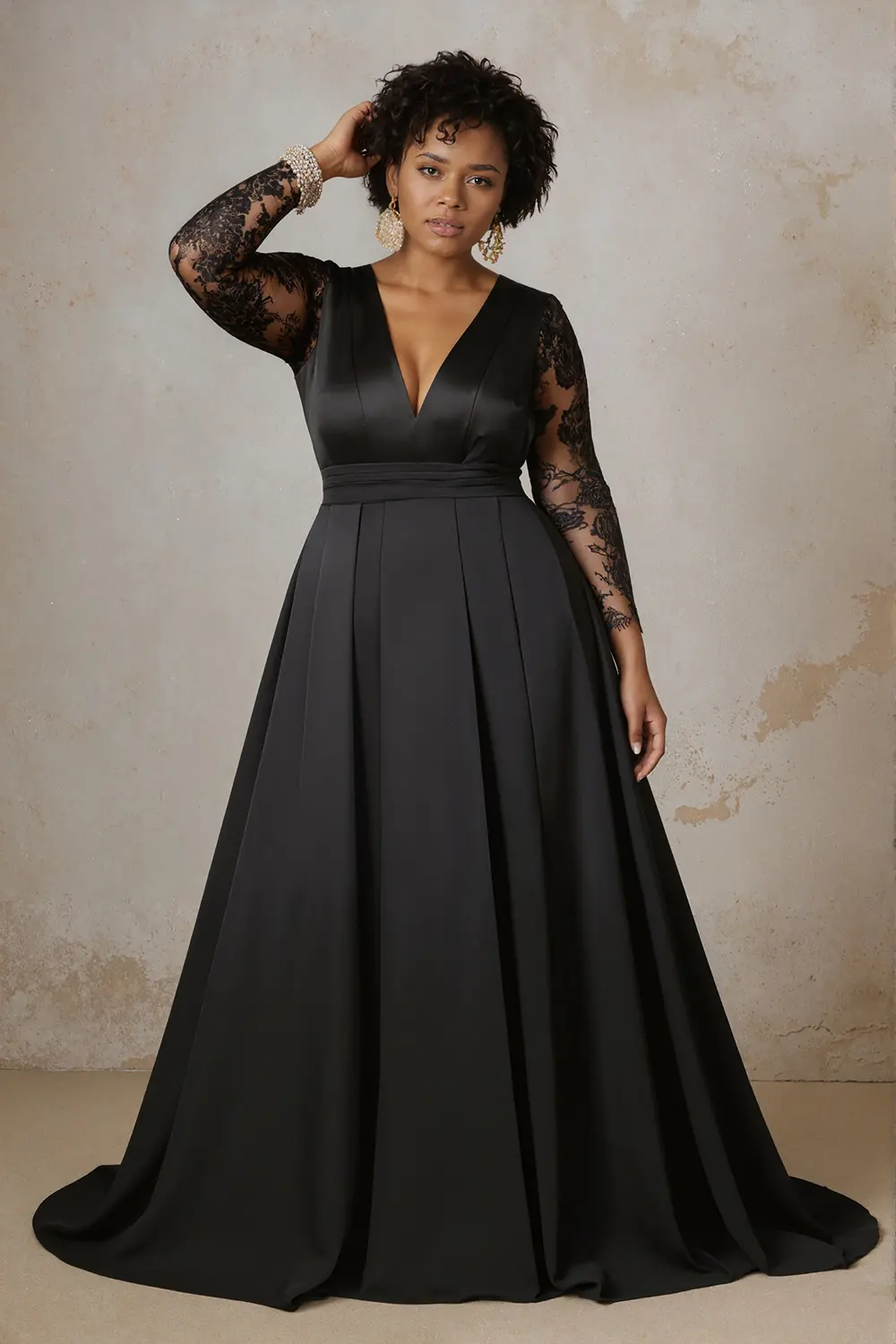 Plus Size Sexy V-Neck Evening Long Dress Satin Lace Patchwork Long Sleeve High Waist Elegant Wedding Guest Cocktail A-line Dress