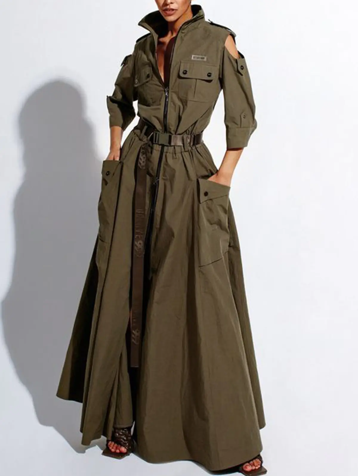 Women Cargo Zipper Fly Dress Pockets Turn Down Collar Long Sleeve High Street Cut Out Button Long Dress with Belt Casual Dresses