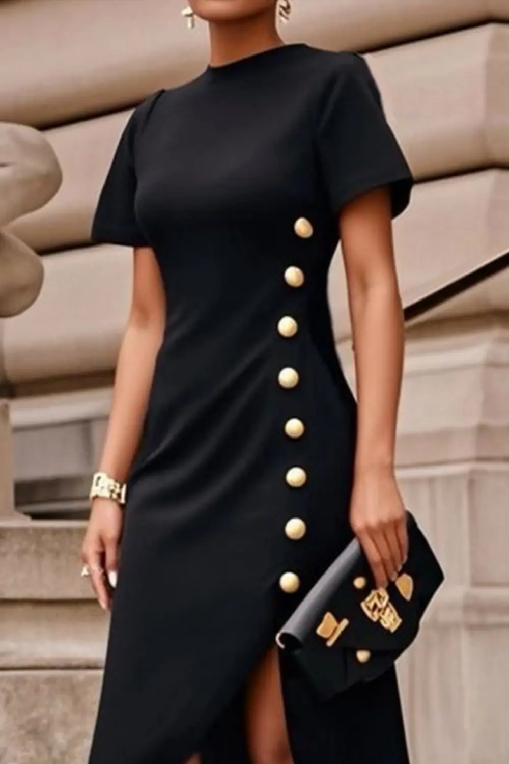 Women's Dress Short Sleeves Buttoned Solid Color Round-neck Irregular Hem Slim Casual Vintage Elegant Split Hem Maxi Dresses