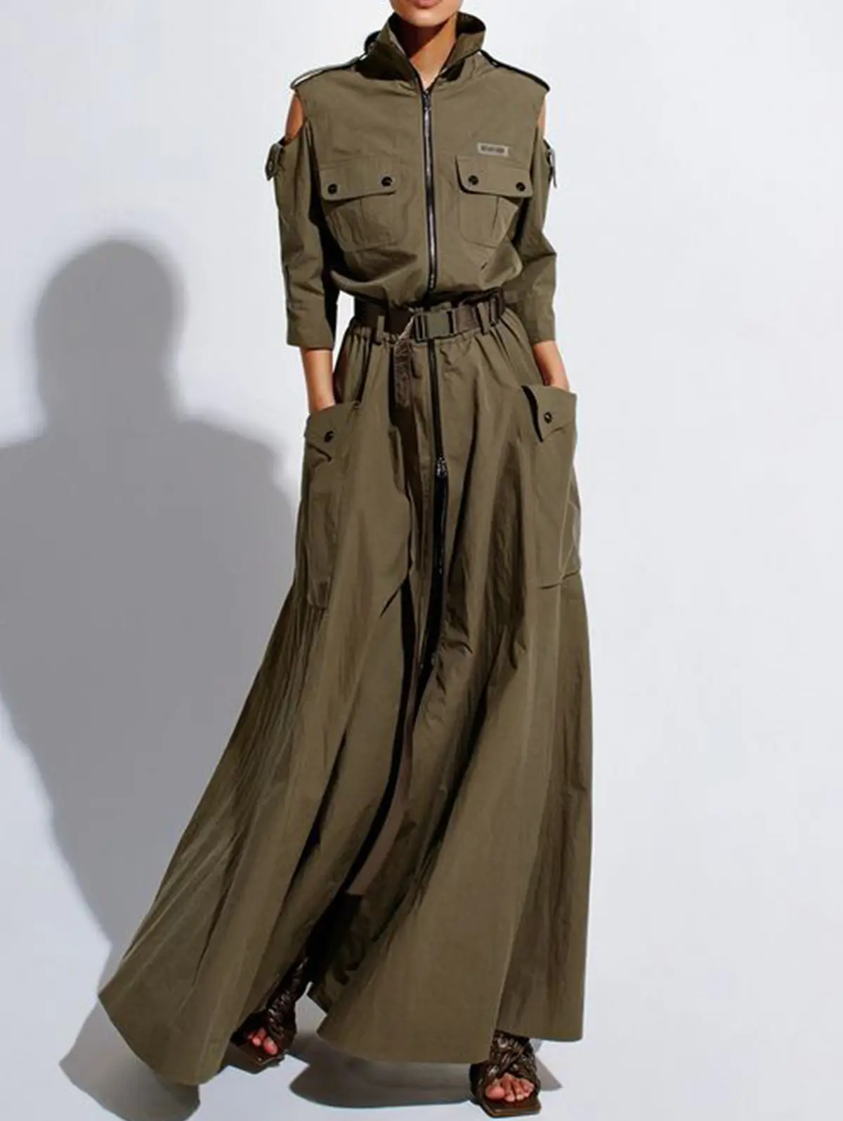 Women Cargo Zipper Fly Dress Pockets Turn Down Collar Long Sleeve High Street Cut Out Button Long Dress with Belt Casual Dresses
