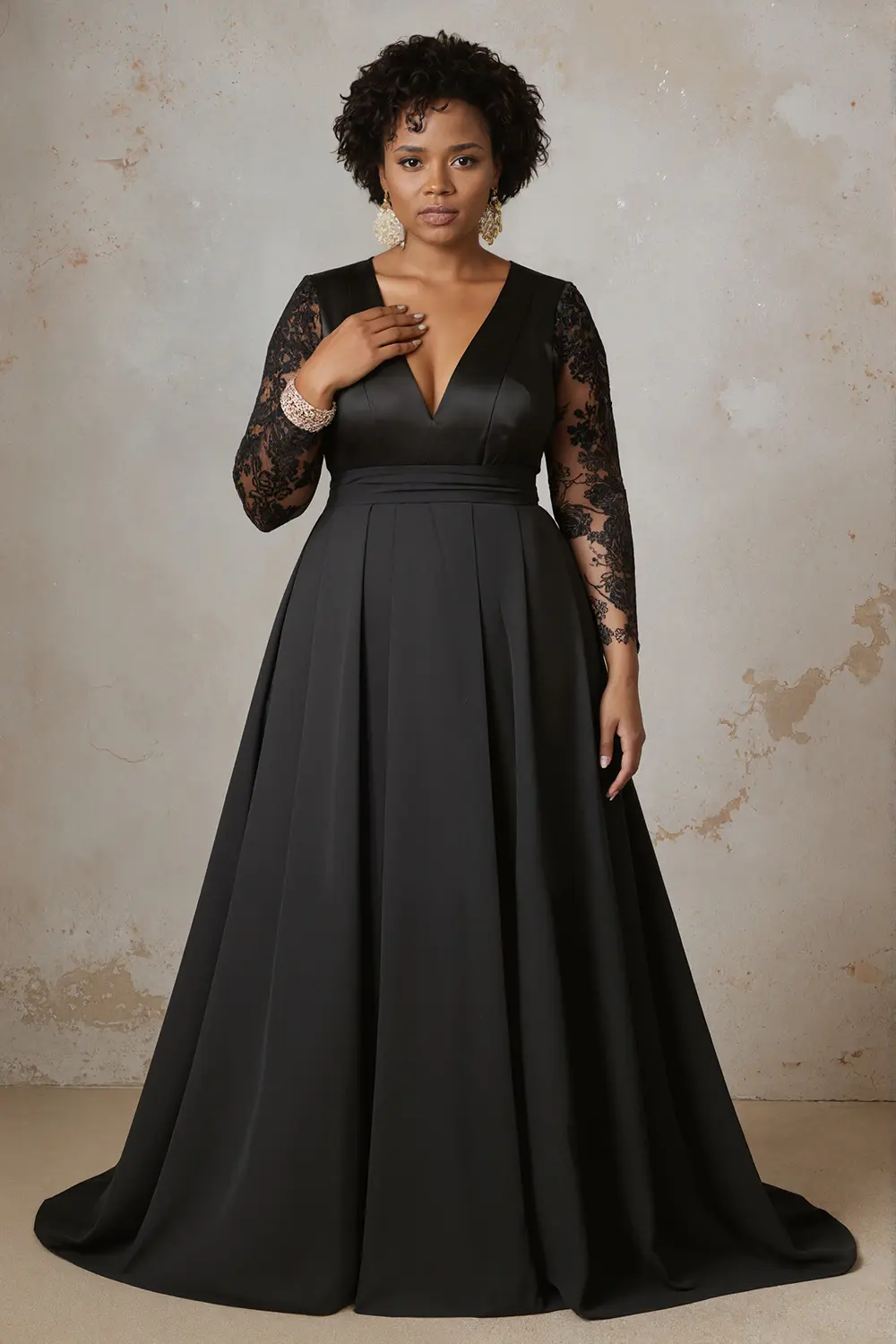 Plus Size Sexy V-Neck Evening Long Dress Satin Lace Patchwork Long Sleeve High Waist Elegant Wedding Guest Cocktail A-line Dress