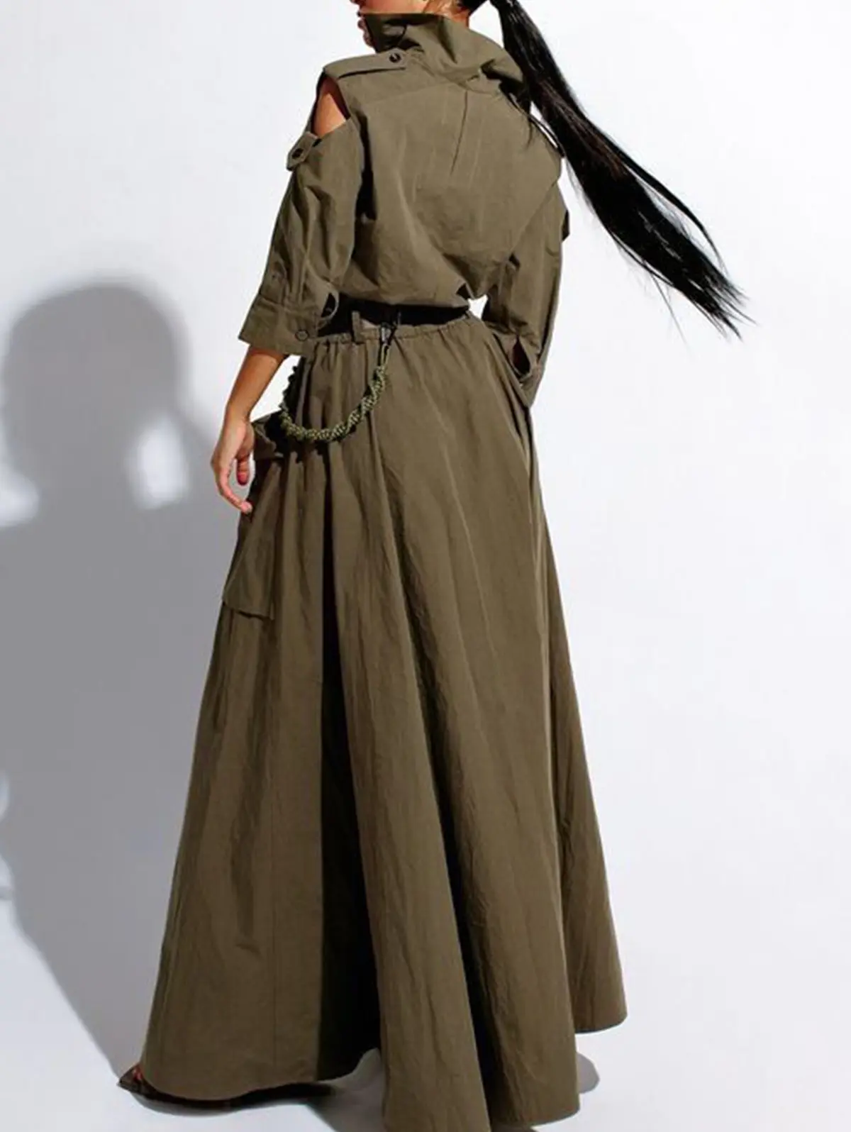 Women Cargo Zipper Fly Dress Pockets Turn Down Collar Long Sleeve High Street Cut Out Button Long Dress with Belt Casual Dresses