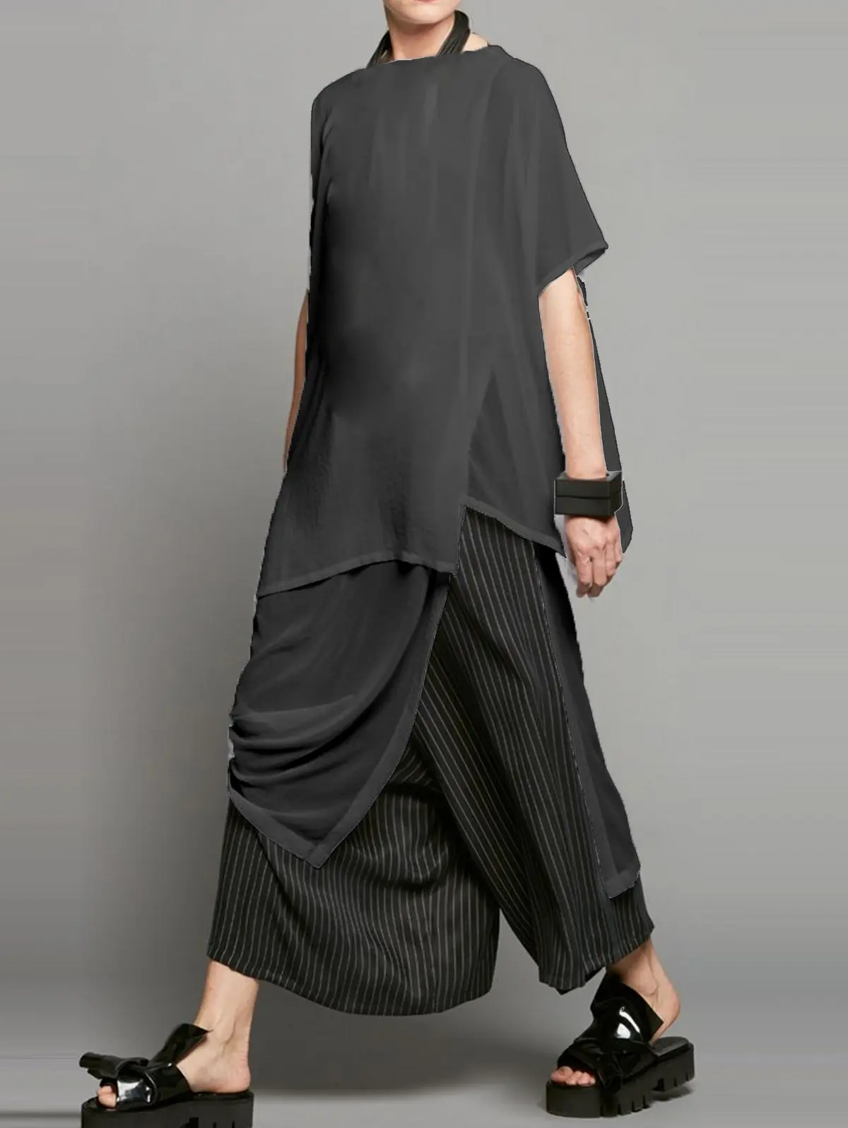 Women Short Sleeve Top Irregular Trim Slit Top High Street Casual Solid Vintage Streetwear Fashion Summer Long Tshirt Female Top