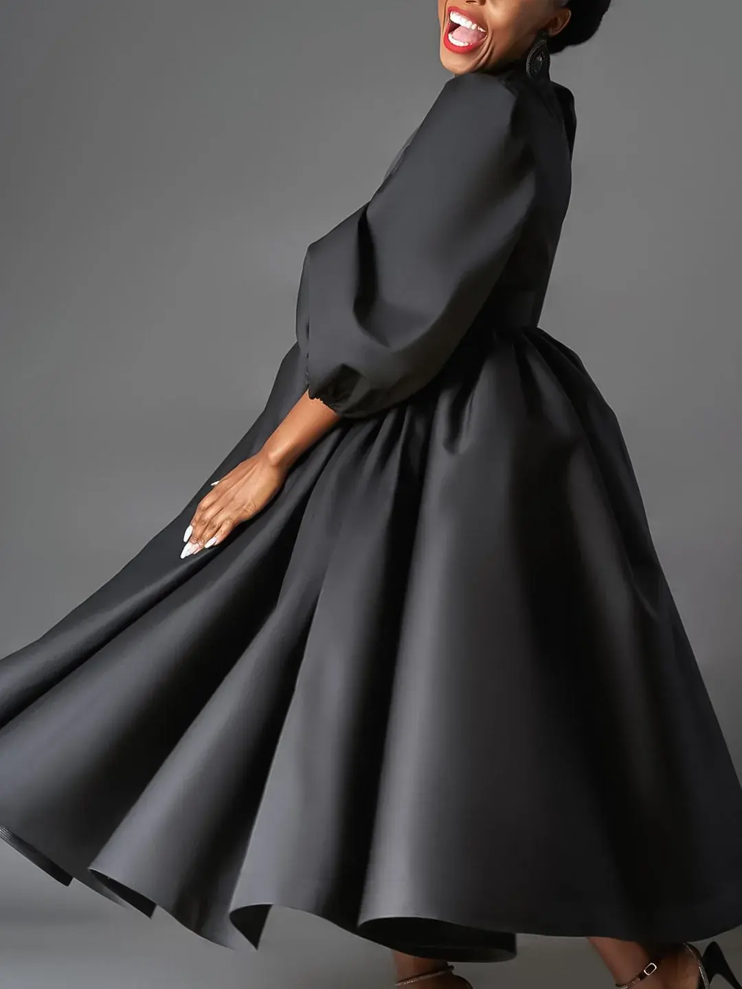 Puff Sleeve Elegant A-Line Pleated Dress Eevning Satin Fashion Wedding Guest Cocktail Long Dress Vintage Dress with Belt