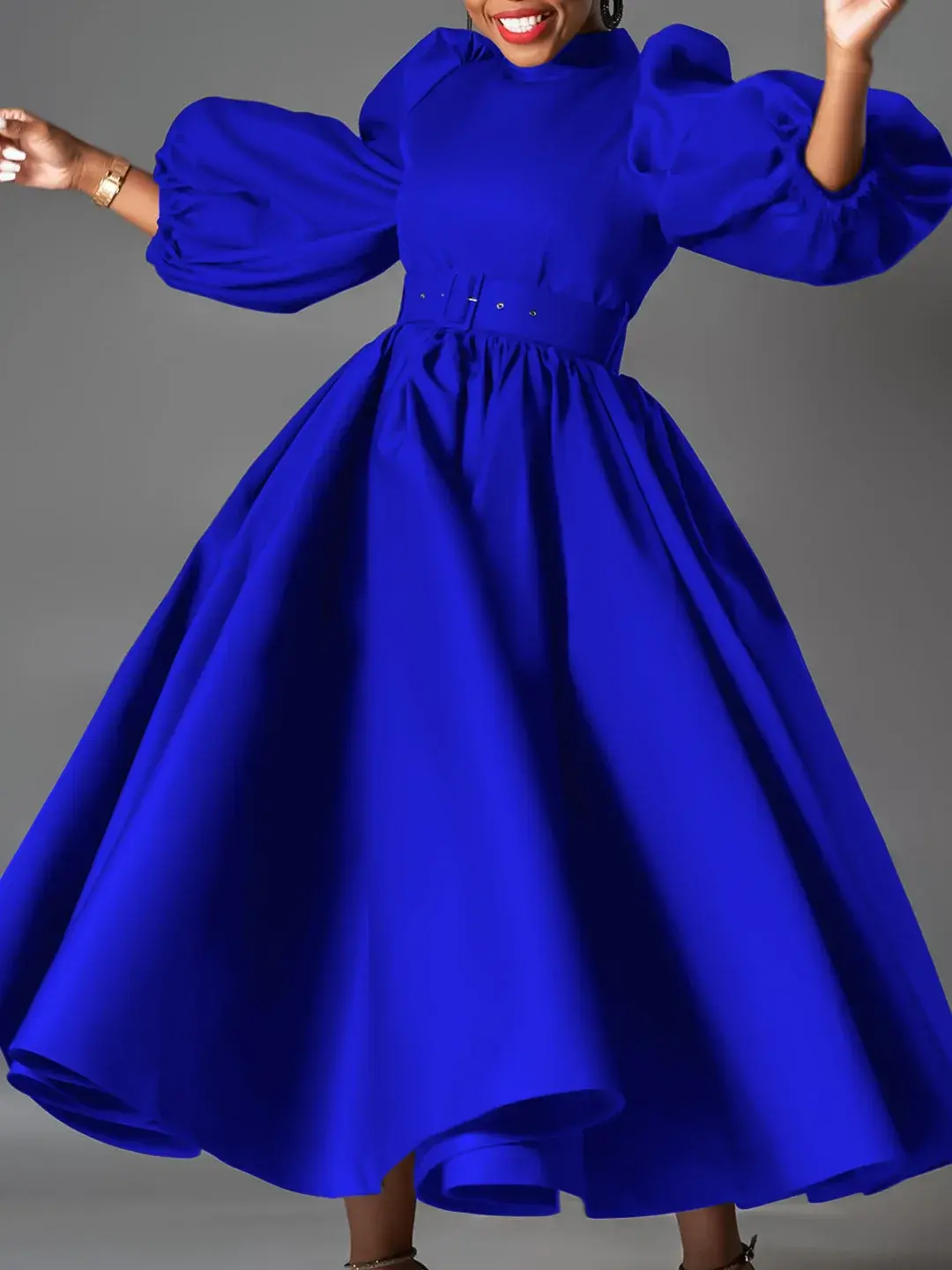 Puff Sleeve Elegant A-Line Pleated Dress Eevning Satin Fashion Wedding Guest Cocktail Long Dress Vintage Dress with Belt