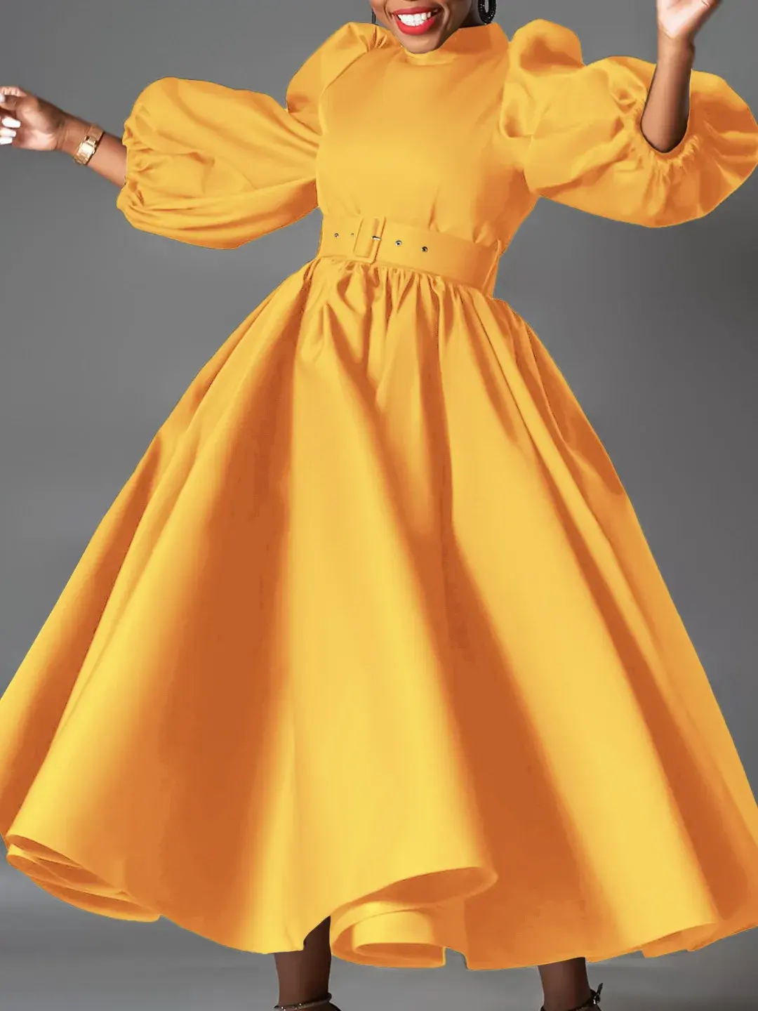 Puff Sleeve Elegant A-Line Pleated Dress Eevning Satin Fashion Wedding Guest Cocktail Long Dress Vintage Dress with Belt