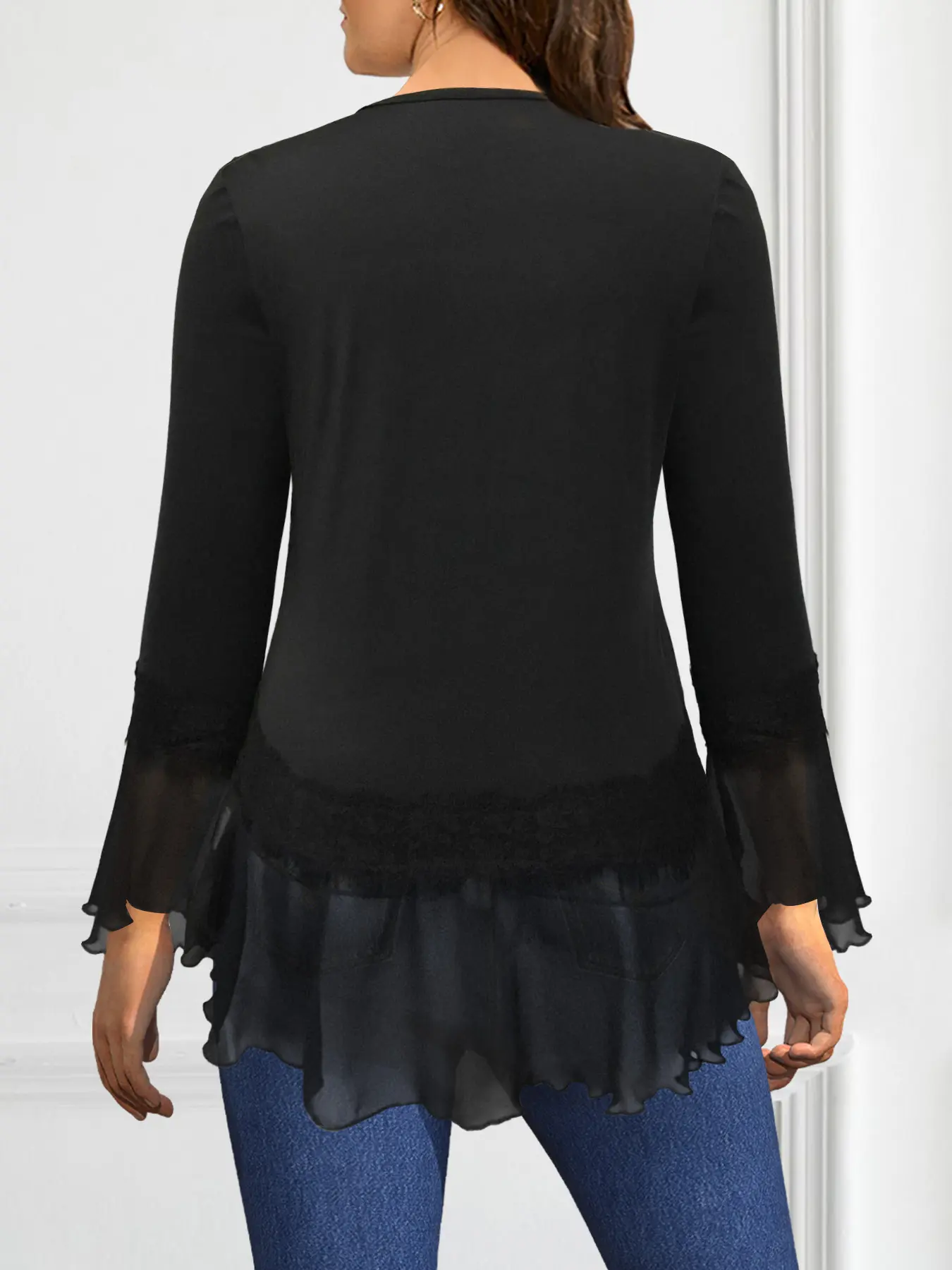 Women Plus Size V-Neck T Shirt Blouse Tops Black Patchwork Flare Sleeve Chiffon Mesh Hem Autumn Elegant Casual Lace-Up Tops 2024