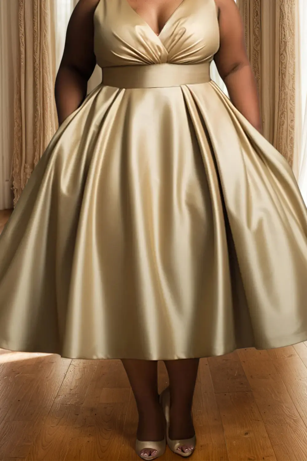 Women's Plus Size Evening Dress Sleeveless Ruched Pleated A-Line Elegant Wedding Maxi Dress V-Neck Gold Satin Party Dresses