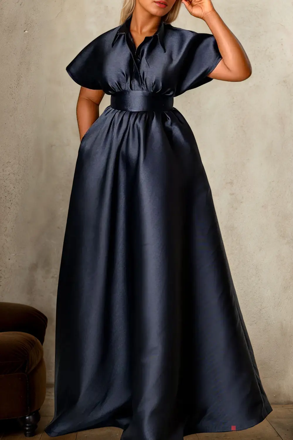 Women Satin Elegant Maxi Dress Turn Down Collar Solid Pleated Pockets A-Line Vintage Casual Party Evening Plus Size Long Dresses