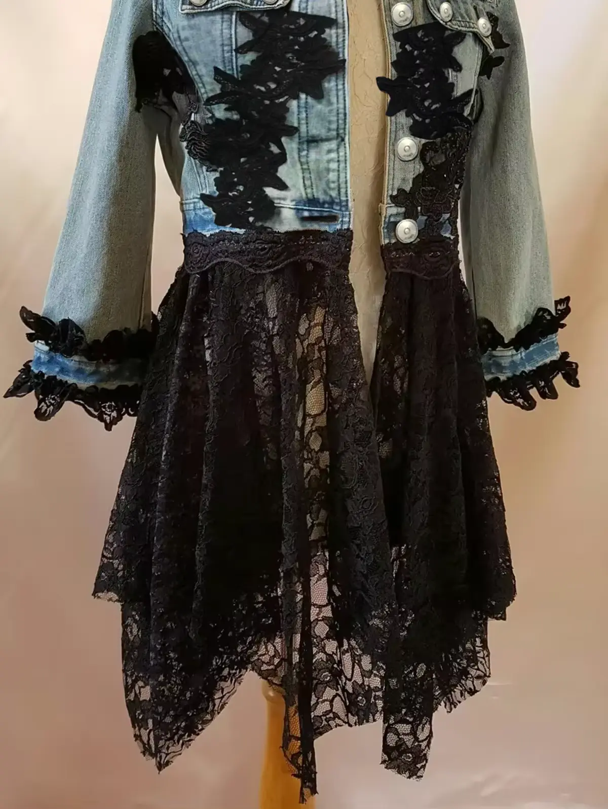 Women Denim Lace Patchwork Coat Turn Down Collar 3D Floral Appliques Single Breasted Ethnic Vintage Casual Jacket Outerwear