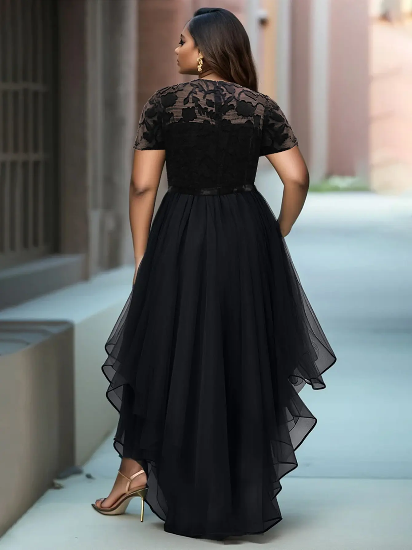 Women Plus Size Lace Patchwork Dress Short Sleeve Irregular Hem Elegant Sheer See Through Party Cocktail Evening Long Dresses