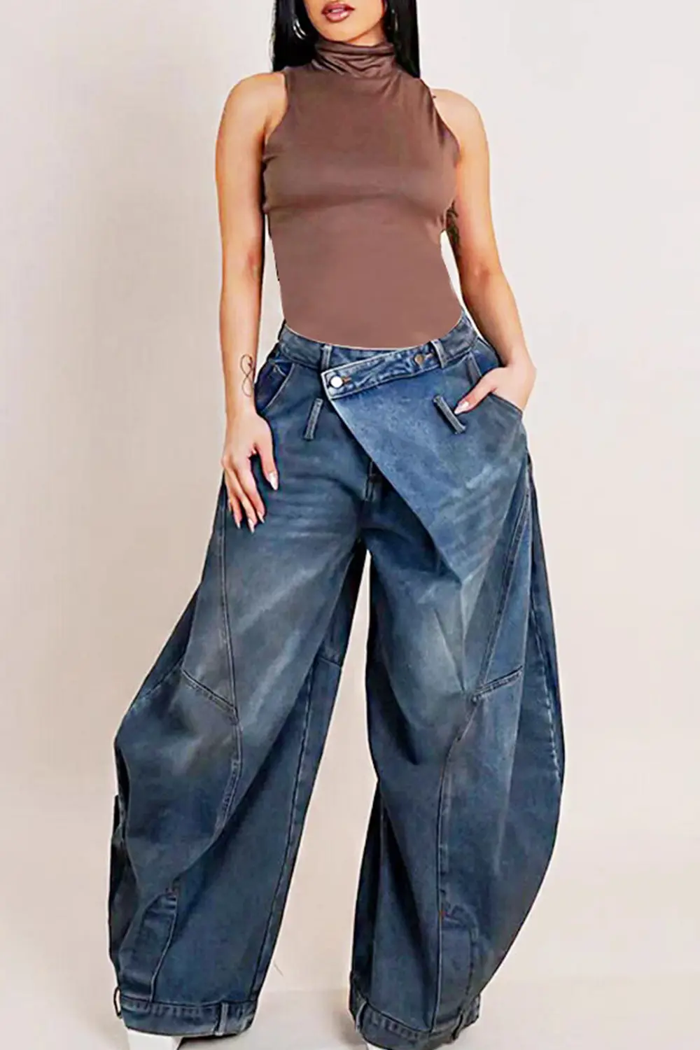 Women Loose Denim Jeans Pants Asymmetric Button Pocket Washed Casual Harajuku High Street Grunge Denim Trouders Jeans for Women