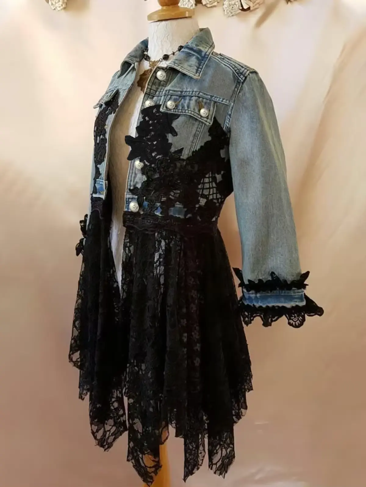 Women Denim Lace Patchwork Coat Turn Down Collar 3D Floral Appliques Single Breasted Ethnic Vintage Casual Jacket Outerwear