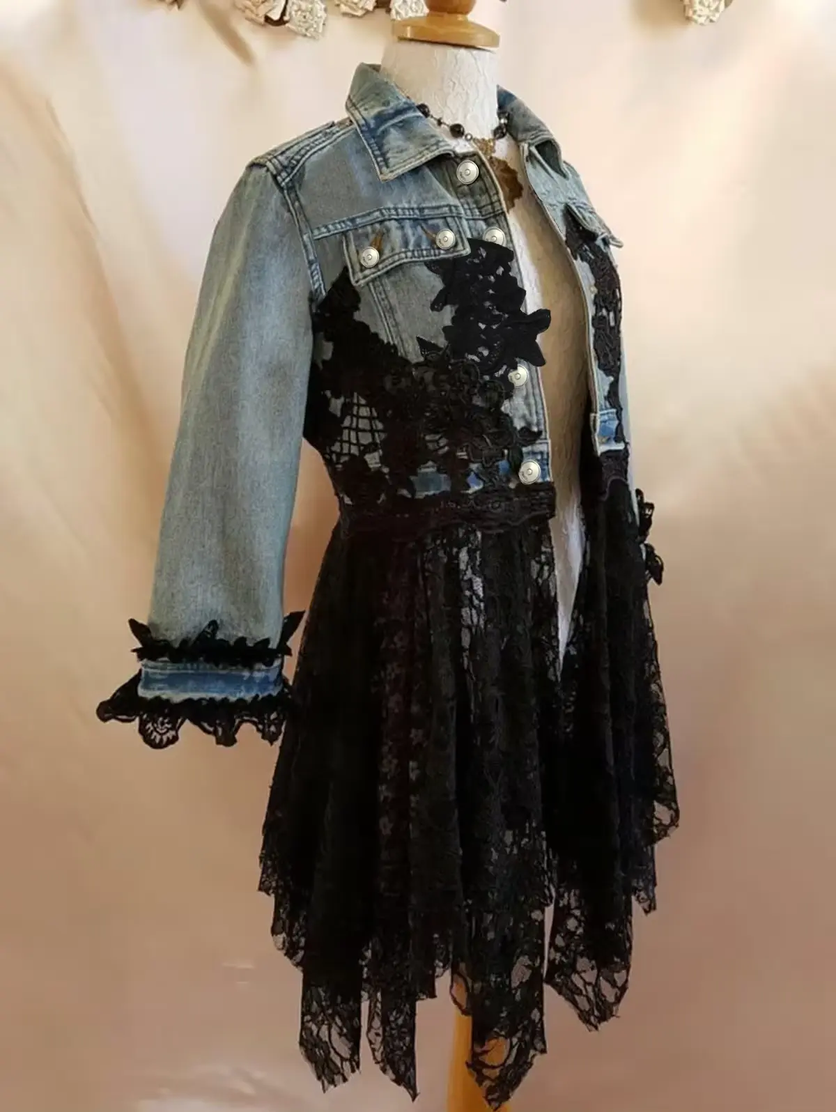 Women Denim Lace Patchwork Coat Turn Down Collar 3D Floral Appliques Single Breasted Ethnic Vintage Casual Jacket Outerwear