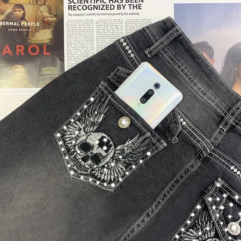 Skull Printed Gothic Punk Jeans for Women Pencil Skinny Pockets High Waist Vintage Casual Denim Pants Autumn High Street Jeans