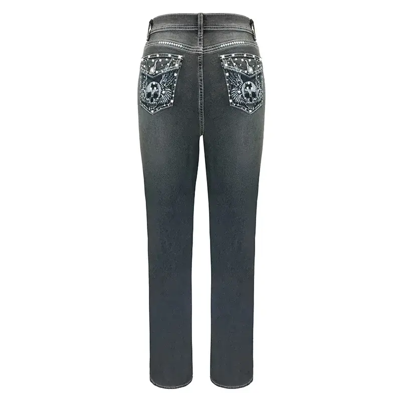 Skull Printed Gothic Punk Jeans for Women Pencil Skinny Pockets High Waist Vintage Casual Denim Pants Autumn High Street Jeans