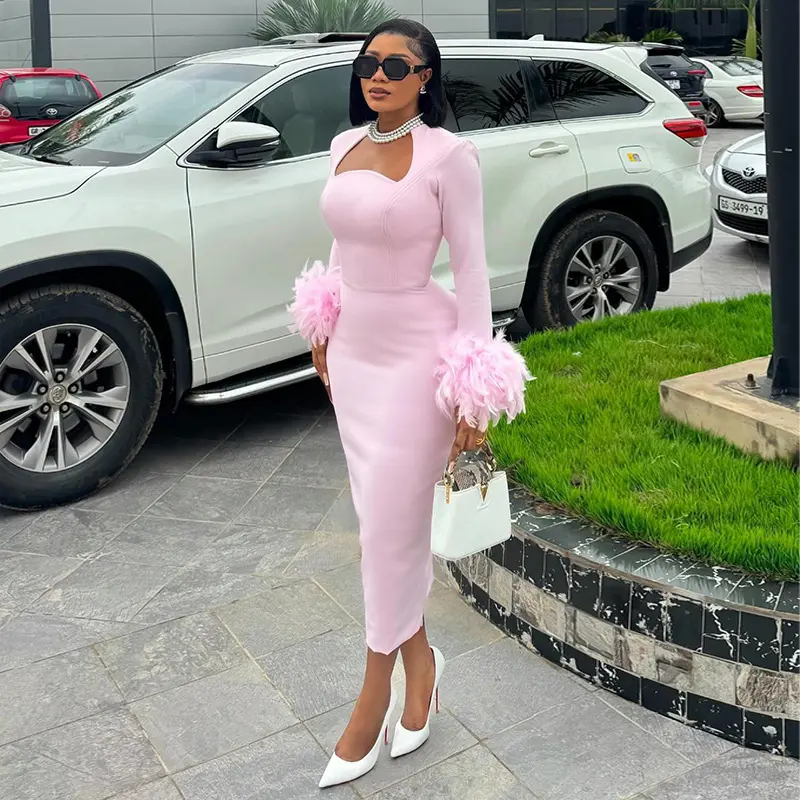 Women Square Collar Feather Sleeve Bodycon Dress Sweet Wedding Guest Long Sleeve Pink Midi Dresses Casual Slim Female Dress