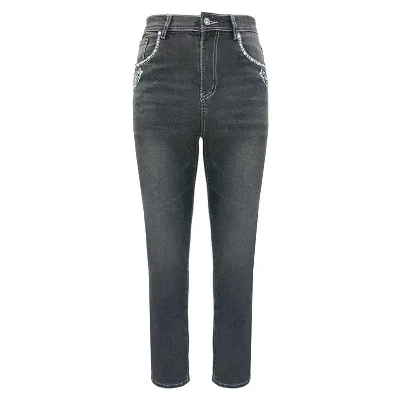 Skull Printed Gothic Punk Jeans for Women Pencil Skinny Pockets High Waist Vintage Casual Denim Pants Autumn High Street Jeans
