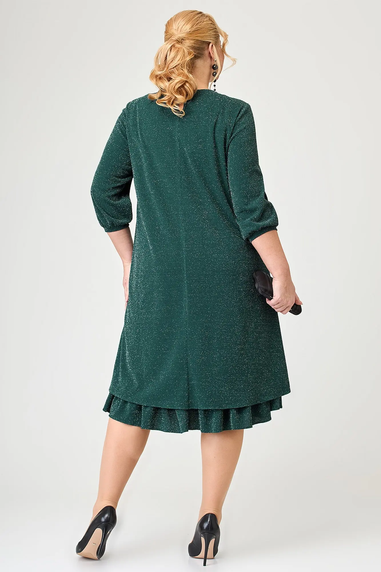 Sequin Plus Size Dress 3/4 Sleeve Ruffle Hem Elegant Round Neck Mother of Bride Vintage Casual Loose Midi Dress 2024 Fashion