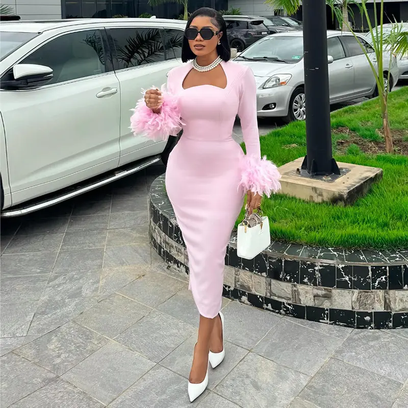 Women Square Collar Feather Sleeve Bodycon Dress Sweet Wedding Guest Long Sleeve Pink Midi Dresses Casual Slim Female Dress