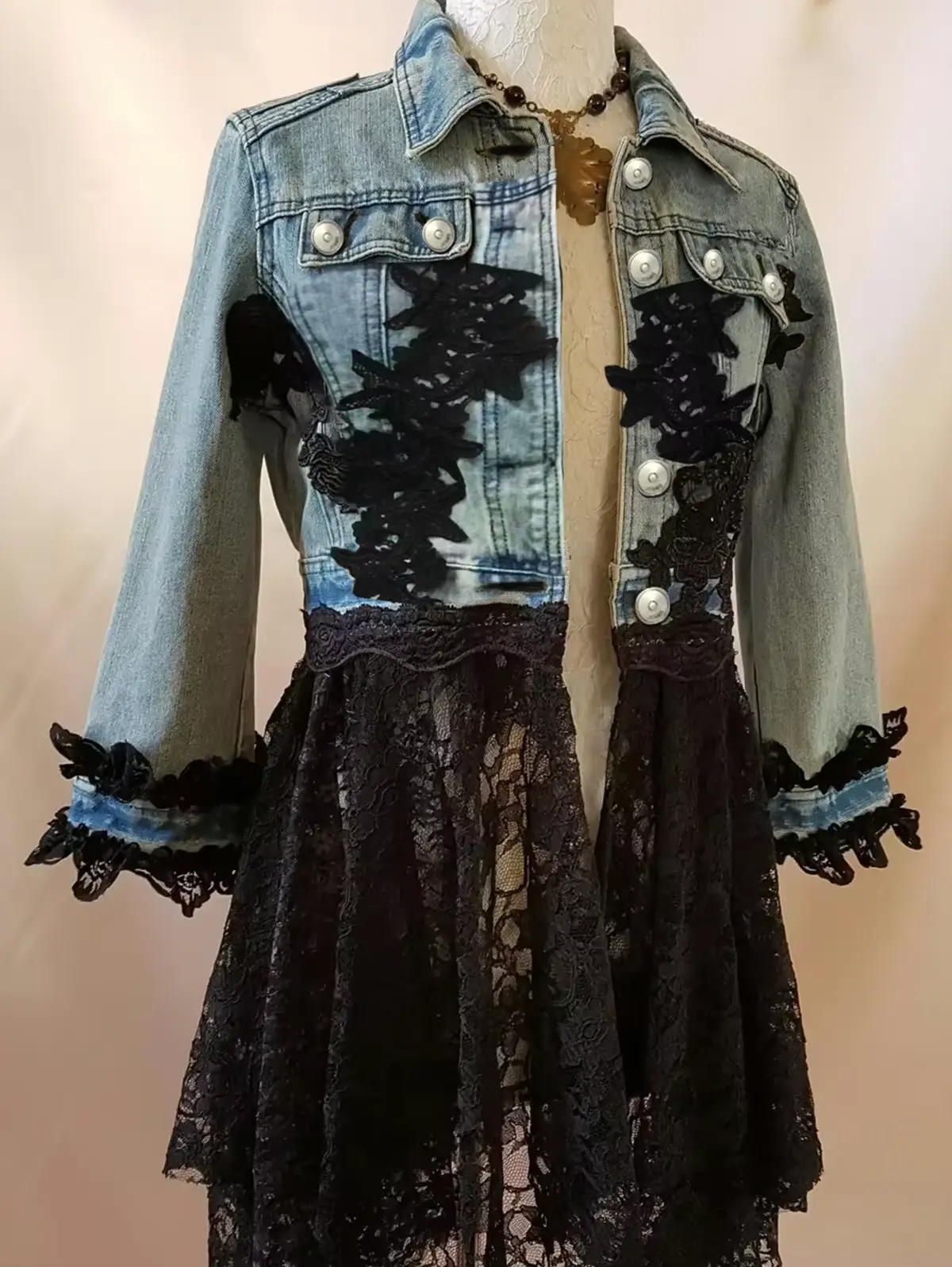 Women Denim Lace Patchwork Coat Turn Down Collar 3D Floral Appliques Single Breasted Ethnic Vintage Casual Jacket Outerwear