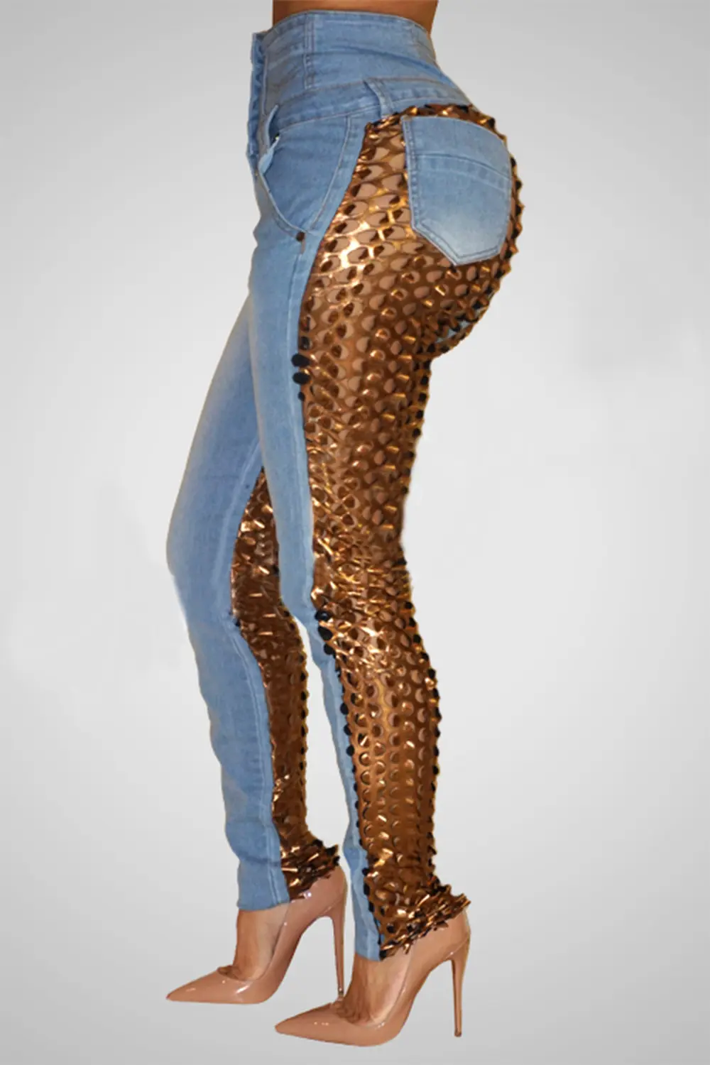 Women's Plus Size Jeans Patchwork Sequin Slim Pencil Denim Pants High Waist Skinny Button Casual Vintage Streetwear Vintage Jean