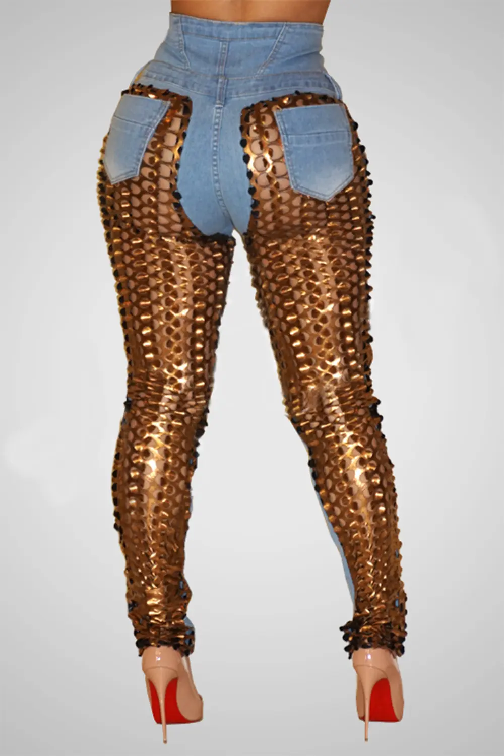 Women's Plus Size Jeans Patchwork Sequin Slim Pencil Denim Pants High Waist Skinny Button Casual Vintage Streetwear Vintage Jean