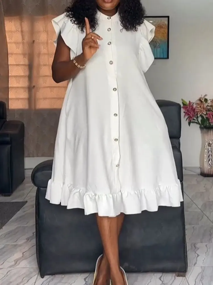 Women Plus Size Shirt Dress Ruffle Sleeve Single Breasted Vintage Round Neck Casual Elegant Retro Midi Dresses for Summer 2025