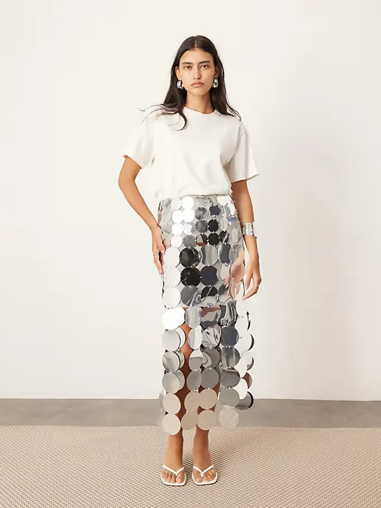 Women's Sequin Skirt High Waist Hollow Out High Quality Luxury Party Club Fawshion Shinny Sparkly Skirt Autumn Midi Skirt